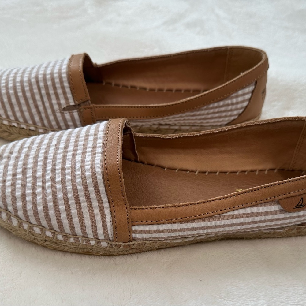 Coach Tan and White Espadrille Flats with Nautical Stripes